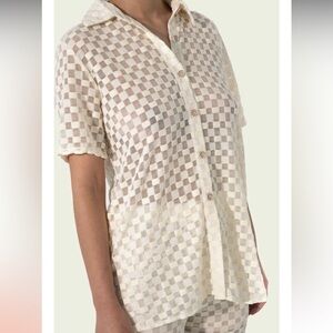 Find Me Now White Nose Harmony Checkered Mesh Button Down Sand Beige Oversized